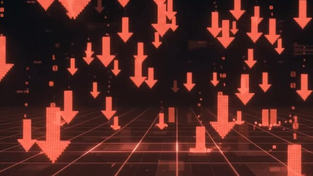 Red falling arrows on a digital grid floor representing stock market crash, economic recession, and bearish financial trading trends