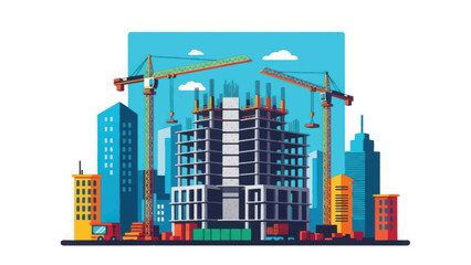 Obraz premium Urban Construction Site Illustration with Crane Building a Skyscraper Frame, Real Estate Development Project