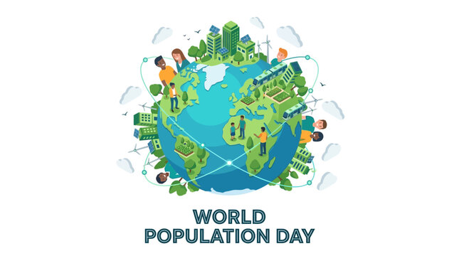 World Population Day concept showing diverse people and green cities on a vibrant planet Earth illustration