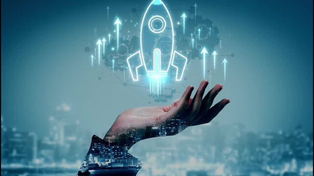 Futuristic Concept of Innovation with Hand Reaching for Rocket Launching Symbolizing Growth and Technological Advancement in Urban Environment Sigmoid