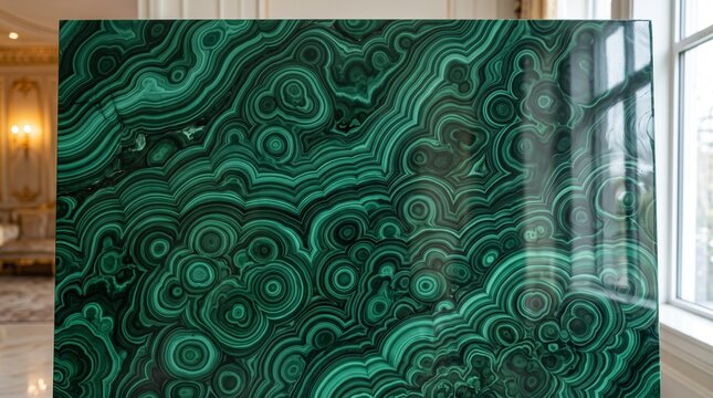 Natural green malachite stone slab with rich concentric patterns and polished surface texture malachite polished precious abstract background interior gemstone mineralogy decorative
