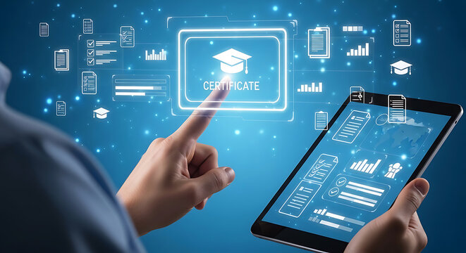 Hand touching digital certificate on tablet screen with glowing data