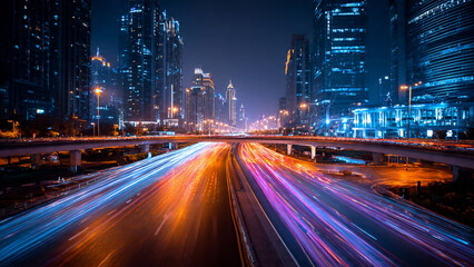 Naklejka premium Vibrant light trails from cars on a highway at night amidst modern skyscrapers, aerial view, ideal for urban travel, city logistics and technology advertising