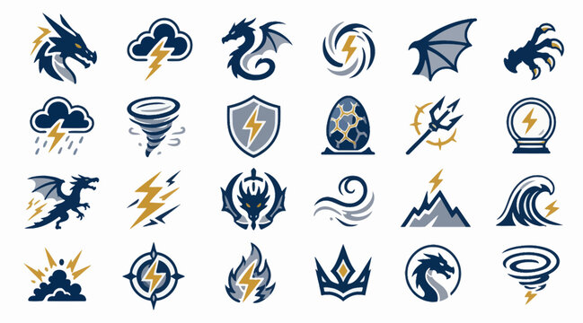 Collection of Mythical Dragon and Fantasy Symbol Icons.