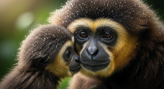 A mother gibbon tenderly cradles her infant, their affectionate embrace set against the verdant, sun-dappled foliage of their natural jungle habitat, showcasing a poignant display of primate