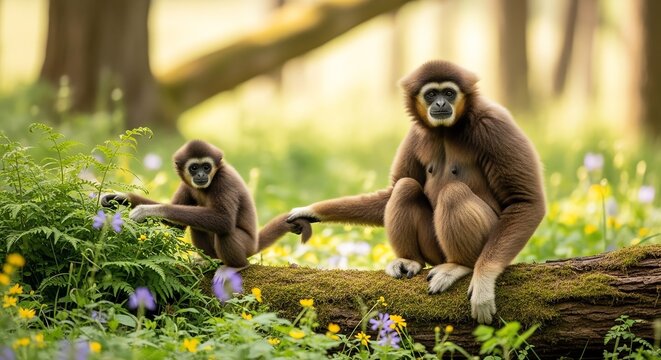 Two gibbons of the Lar species, a mother and its young, are captured in a serene forest setting, perched on a moss-covered log surrounded by lush green foliage and delicate wildflowers blooming