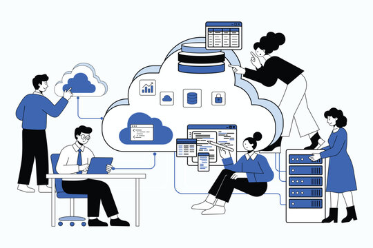 Cloud computing concept with business people and digital technology elements. Modern flat vector illustration showing teamwork, online data storage, server management, software interface, dashboard an