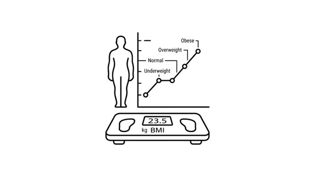 Line art icon of a body mass index chart and scale.