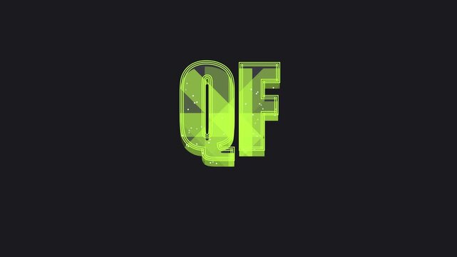 Animated qf monogram reveal with green geometric pattern and glowing particles animation 4k