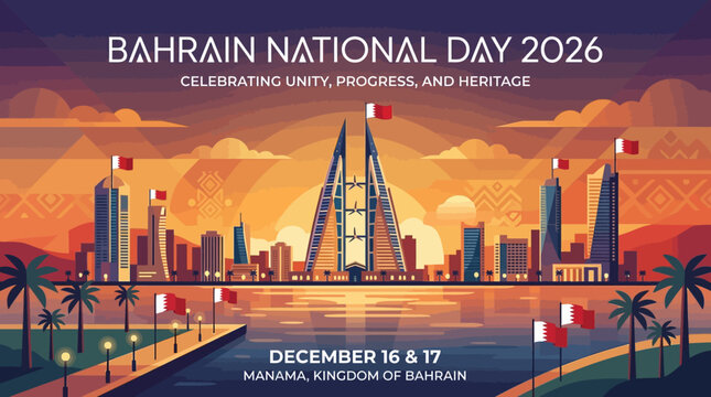 Vibrant Bahrain National Day Celebration A Modern Flat Vector Illustration of Manama's Skyline Honoring Unity, Progress, and Heritage in 2026