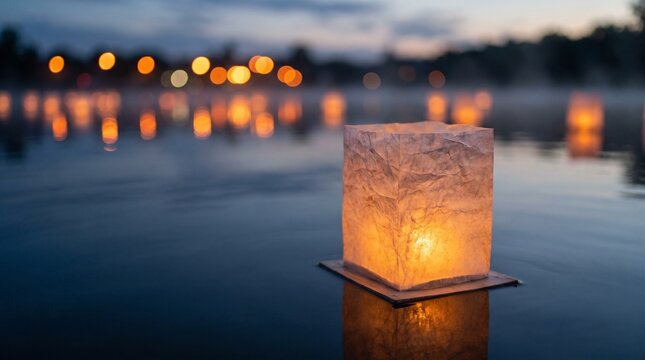 Toro nagashi floating paper lanterns on calm river at dusk with warm reflections and copy space banner