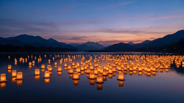 Single glowing paper lantern floating on dark water close up with bokeh japanese toro nagashi memorial