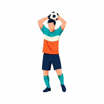 Professional soccer player in colorful jersey and blue sports shorts holding ball, perfect for sports advertisements, team promotions, and sportsrelated designs.