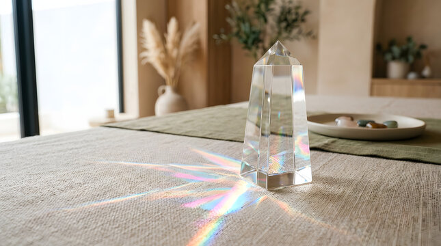 Aesthetic Clear Quartz Crystal Obelisk with Rainbow Light Refraction on Linen Table for Holistic Wellness and Spiritual Home Decor