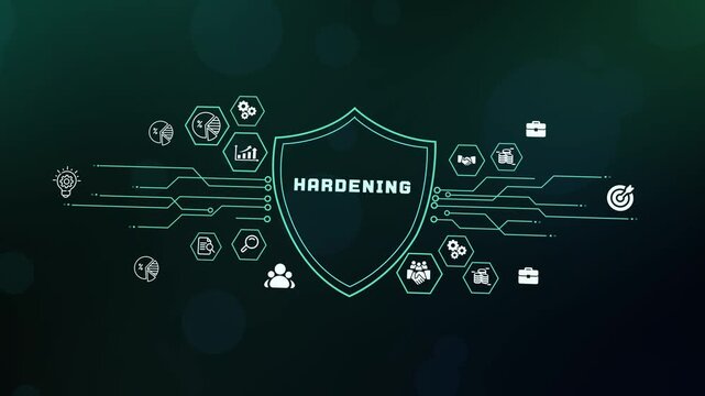 System hardening defense shield concept with digital network connection lines for advanced enterprise cyber security.