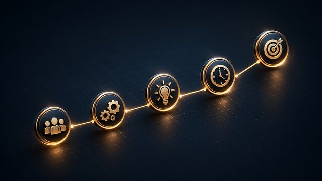 Glowing golden 3D business workflow timeline with strategic icons showing the process from team collaboration to final target goals.