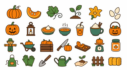 Fototapeta premium Colorful autumn harvest and farming icons set.