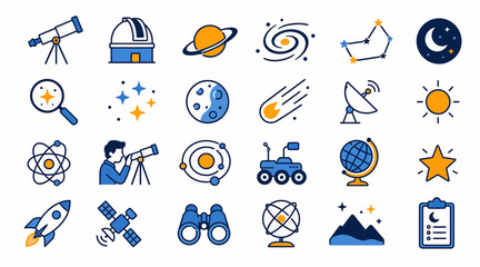 Colorful Astronomy and Space Exploration Icons Set. © Badak