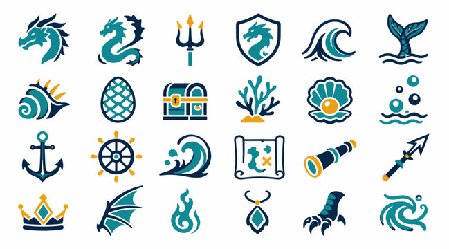Colorful Mythical and Nautical Icon Collection.