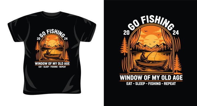 Go fishing window of my old age graphic t-shirt design with sunset landscape.