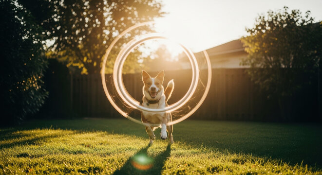 Joyful Dog Jumps Through Hoop In Golden Hour Backyard