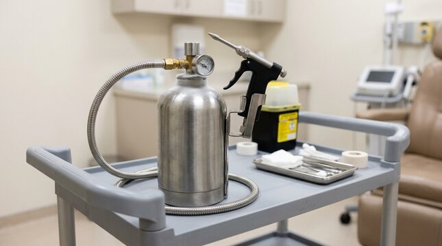 Cryotherapy liquid nitrogen canister and spray tip on a hospital dermatology treatment trolley - Healthcare and Hospital Stock Photo