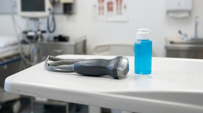 Doppler ultrasound probe for peripheral vascular assessment on a hospital examination room counter with gel beside it - Healthcare and Hospital Stock Photo