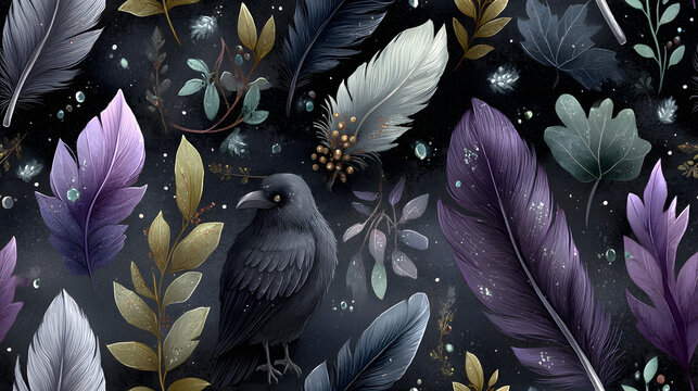 seamless patterns Mystical dark pattern with black bird, raven, and elegant fantasy feather