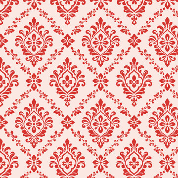 Red Damask Seamless Pattern with Floral Ornament on White Background