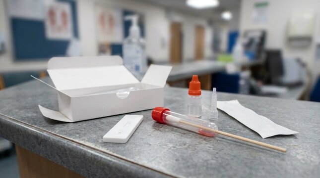 Rapid strep test kit opened on a hospital paediatric clinic counter with a swab and reagent tube and test strip visible - Healthcare and Hospital Stock Photo
