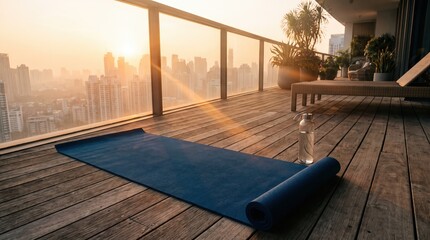 Fototapeta premium Blue Yoga Mat and Water Bottle on Luxury Penthouse Balcony Overlooking City Skyline at Sunset for Urban Wellness and Fitness Routine