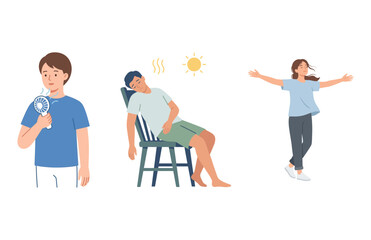 Fototapeta premium Diverse Illustrations Depicting People Managing Heat Exhaustion and Enjoying Refreshing Weather