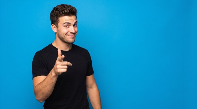 Confident smiling man in black t-shirt pointing finger at camera on blue background
