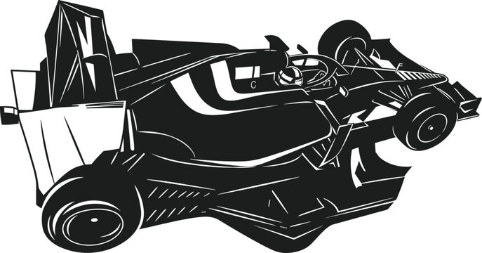 Formula 1 race car silhouette, high speed motorsport illustration, aerodynamic design art, black and white racing vehicle drawing