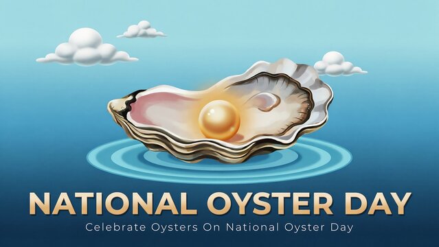 National oyster day celebration featuring a large open seashell with a pearl on a blue water surface, celebration