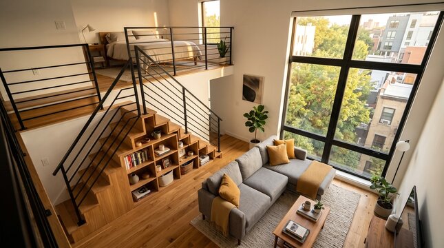 Contemporary loft apartment interior with mezzanine bedroom and large apartment interior mezzanine furniture architecture bookshelf flooring residential