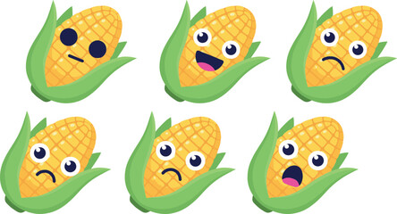 Obraz premium Cute Corn on the Cob Cartoon Character Emoji Set Showing Various Facial Expressions and Emotions for Agriculture Branding and Stickers