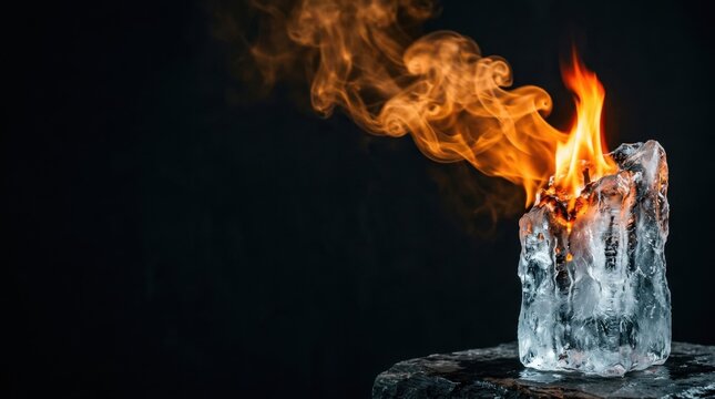Melting Ice Cube with Flames and Smoke on Dark Background