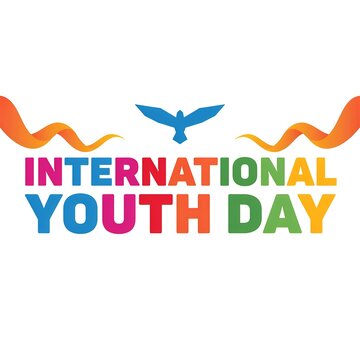 International youth day typographic banner design with flying dove symbol and colorful wavy ribbon accents