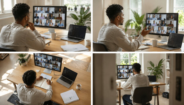 Young man engaging in a remote video conference meeting in his modern home office setup set stock photo