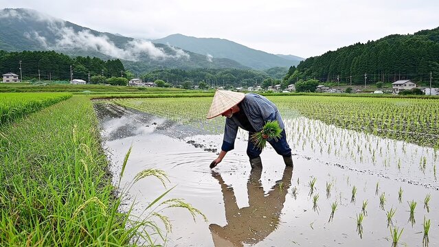 田植えをする農家の男性、日本の田舎の風景
