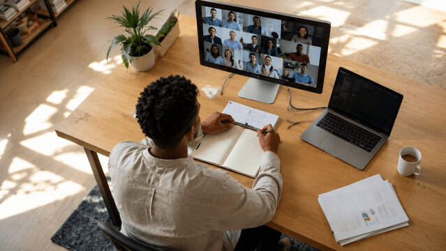 Young man taking notes during virtual meeting on computer monitor in bright home office, remote work lifestyle photography