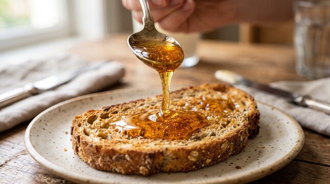 Golden Drizzle: A spoonful of golden honey is drizzled onto a slice of rustic whole-wheat bread, creating a sweet and satisfying breakfast moment.
