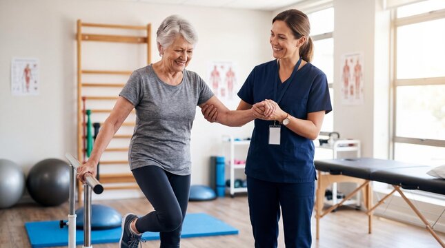 Senior woman practicing balance exercises with physical therapist in clinic