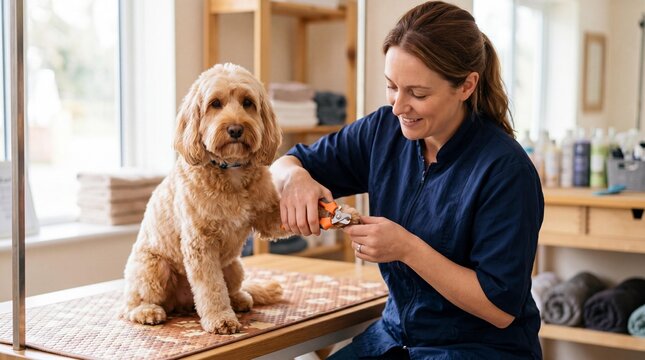Professional female groomer trimming the nails of a cute goldendoodle dog