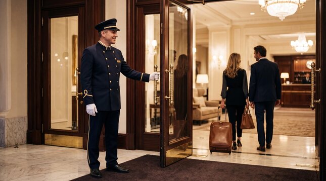 Smiling Doorman Opening a Glass Door for Guests in a Luxury Hotel Lobby