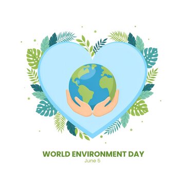 World environment day graphic illustration with hands holding earth inside a heart shape earth friendly botanical