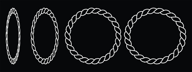 Nautical rope frame set with round oval and 3d perspective twisted cord borders vector illustration. © Shofikul islam