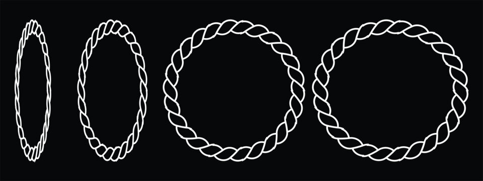 Nautical rope frame set with round oval and 3d perspective twisted cord borders vector illustration.