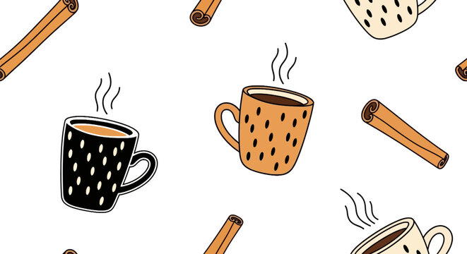 Seamless pattern with coffee mugs and cinnamon sticks